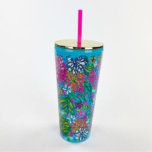 Lilly Pulitzer Walking on Sunshine Blue Double Wall Tumbler with Straw